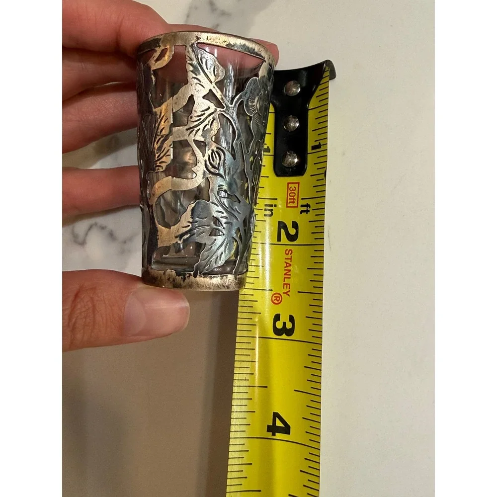 Vintage Mexican Sterling Silver Cordial Shot Glass Set 4 Floral Overlay Rose